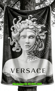 Versace Medusa Sculpture Greek Key Print Black and White Flannel Sofa Throw Blanket IMG_1574